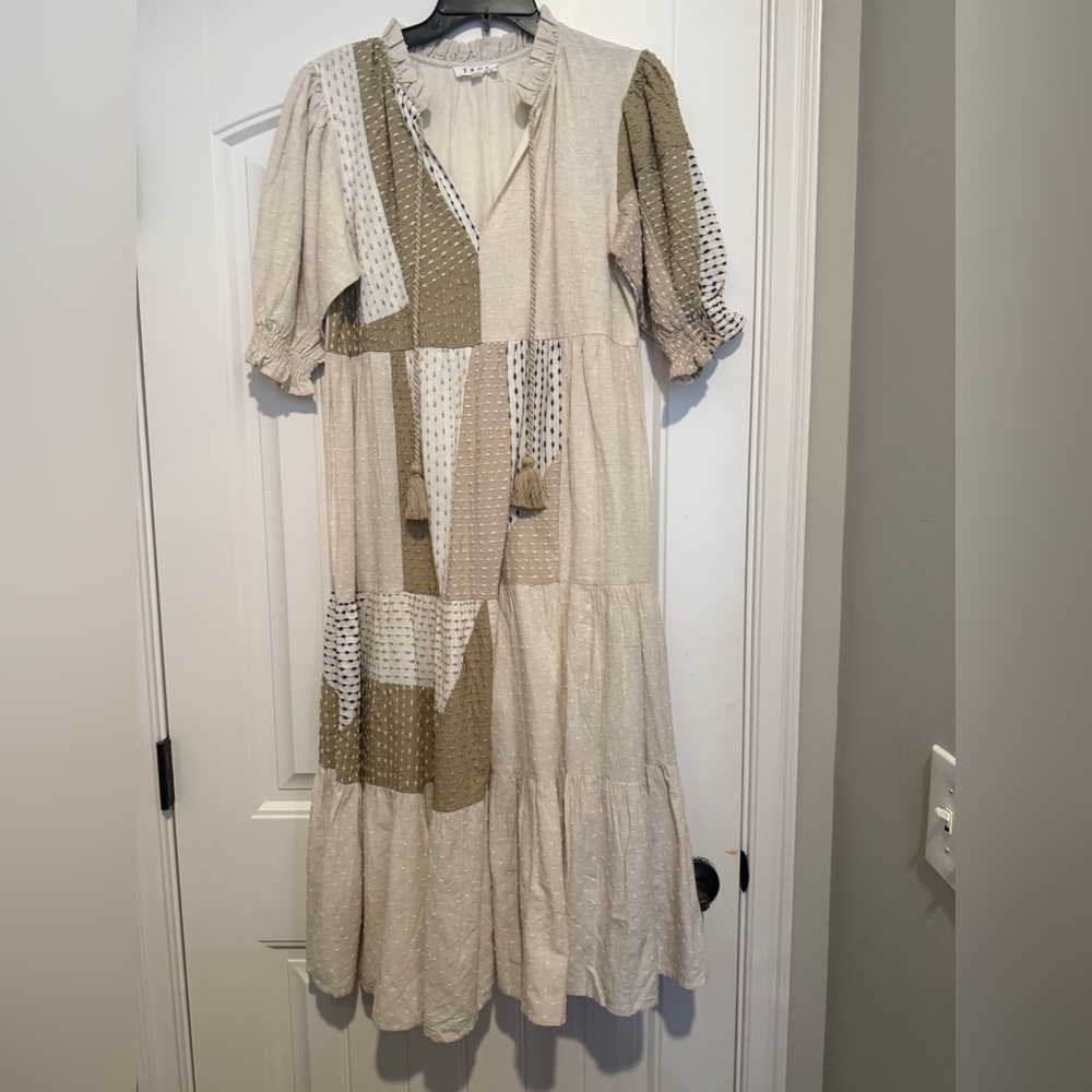 THML Patchwork Midi Dress in Cream and Brown